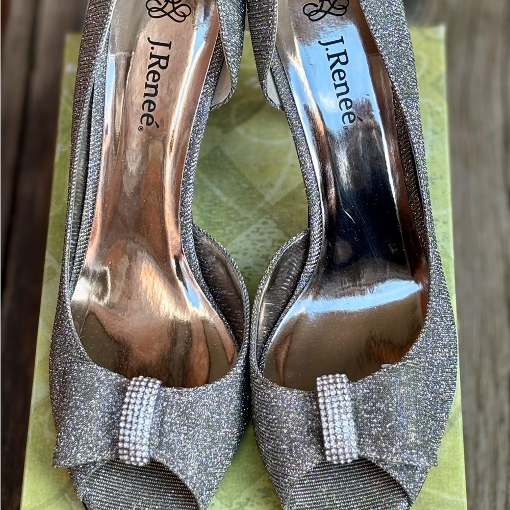 J RENEE Skylar Sparkle Shimmer Pewter Silver Heels Open Toe Pumps Sz 10M NEW - Picture 3 of 8